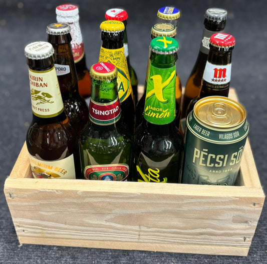 Cadeaupakket met Europese, Amerikaanse en Aziatische bieren.